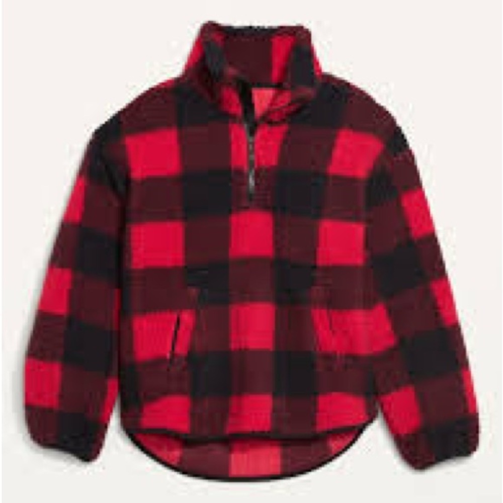 Women’s Pullover Buffalo Plaid Red & Black Half Zip Fleece Sherpa Large Sweater
